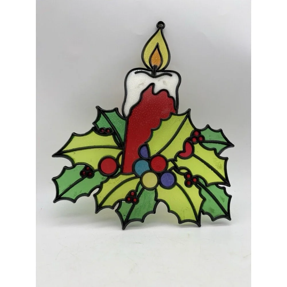 Vintage Faux Stained Glass Candle Holly Christmas Suncatcher Window Hanging